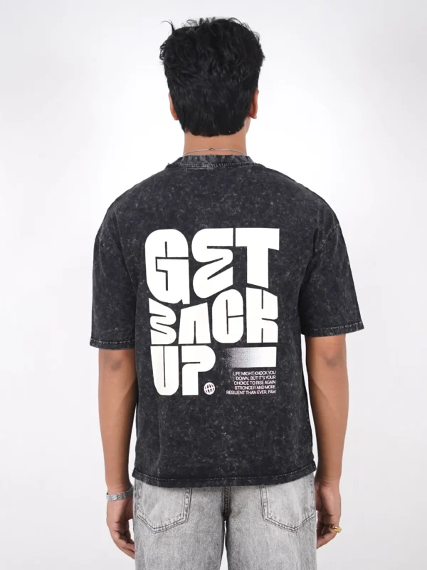 Get back Up Black Acid Wash Backprinted Drop Shoulder T-Shirt